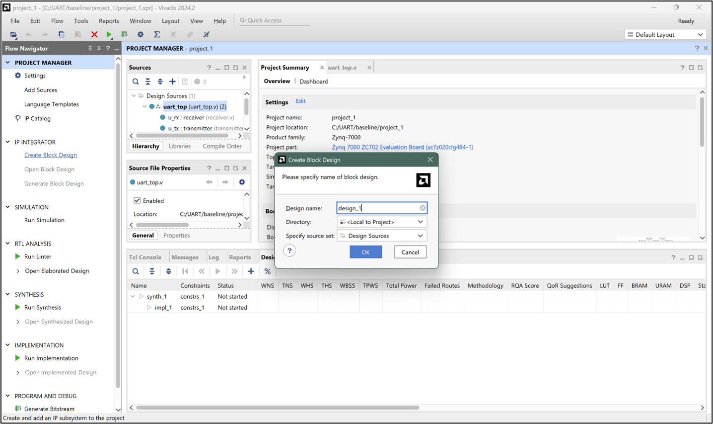 Vivado IP Integrator: Create New Block Design screen