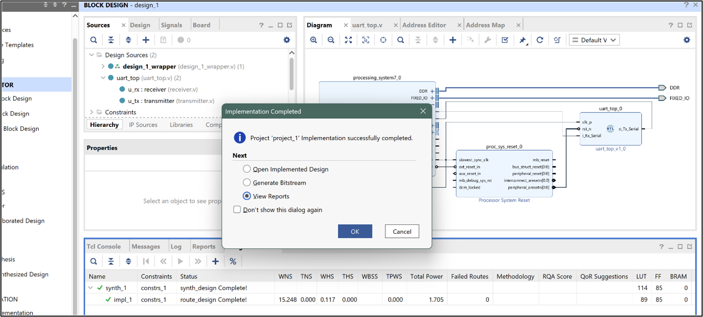 Vivado: Synthesis and Implementation completed successfully