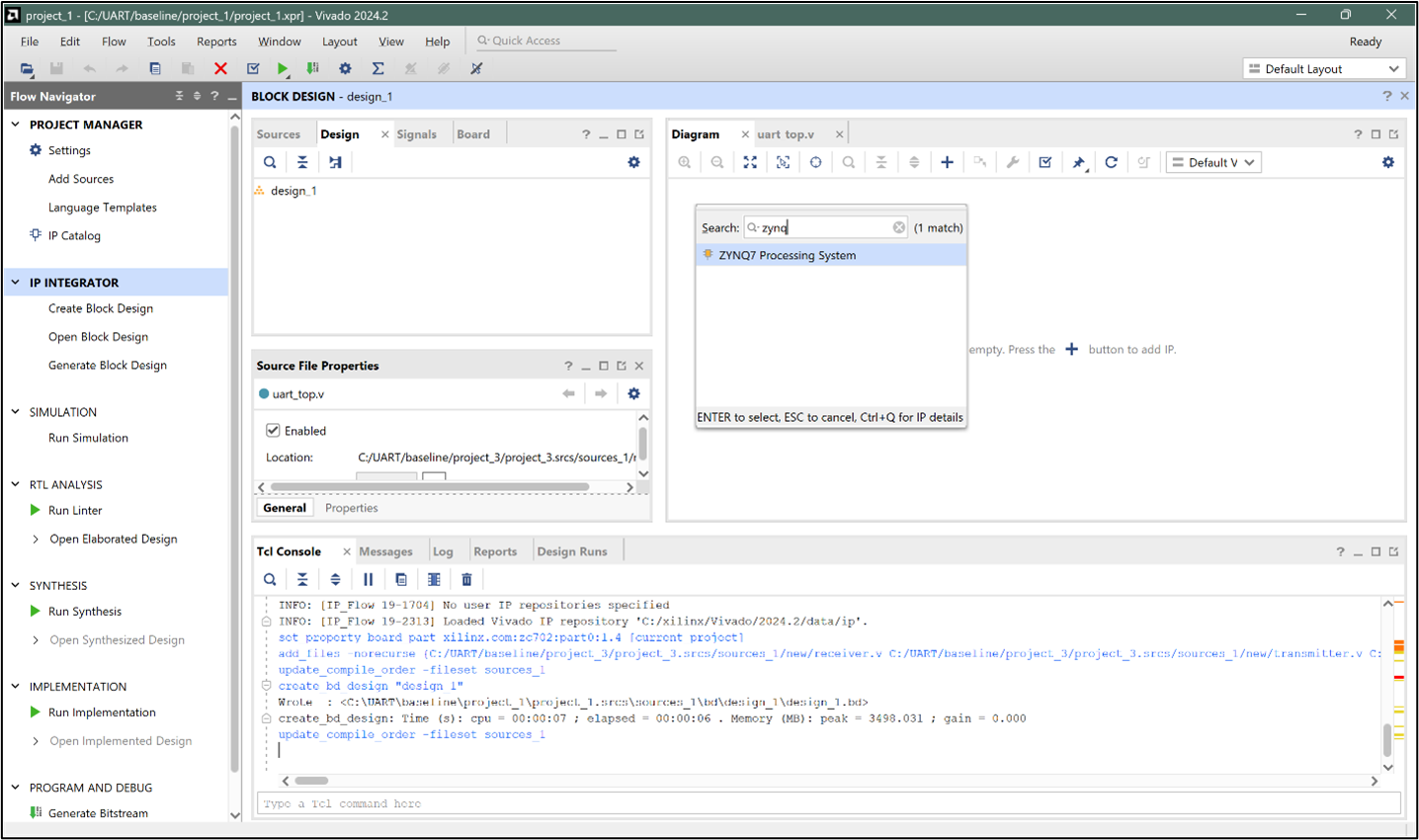 Vivado: Zynq Processing System block added to the diagram