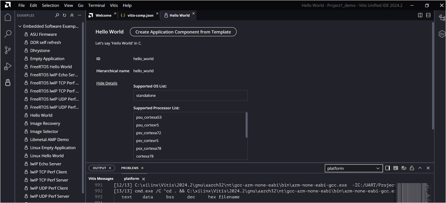 Hello World application template creation in Vitis