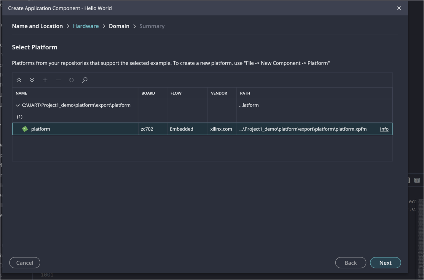 Hello World application template creation in Vitis