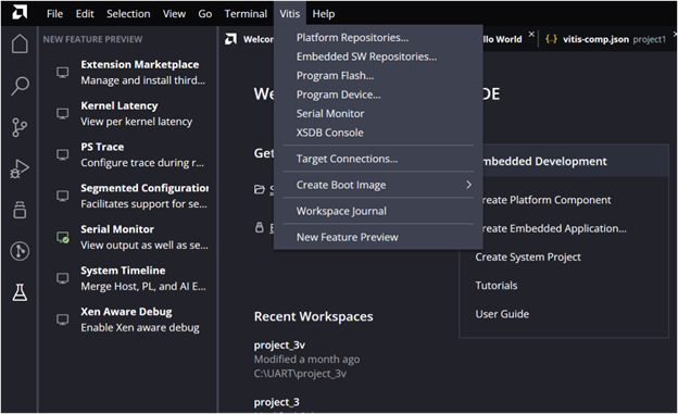 Vitis serial monitor connection setup