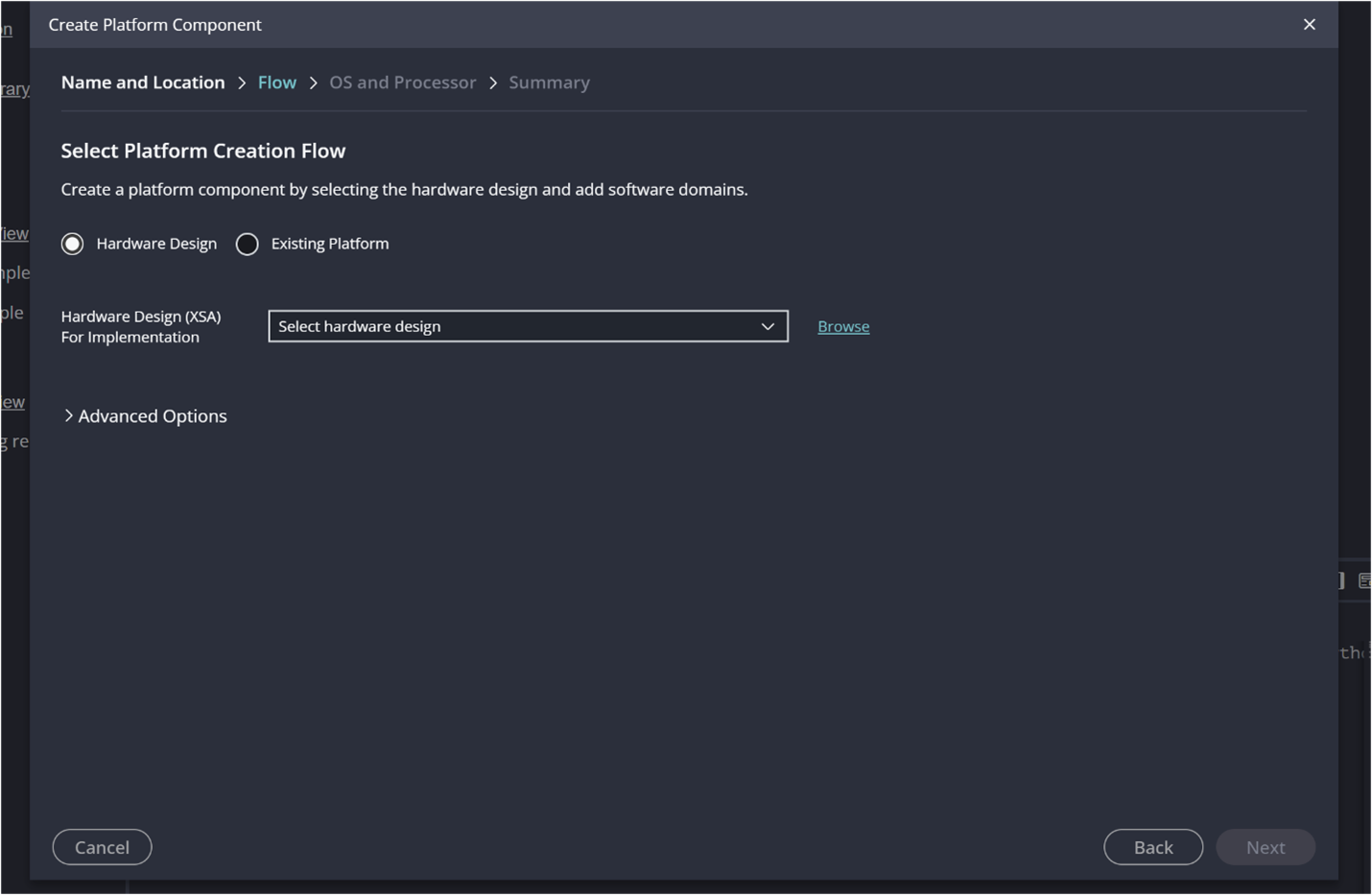 Select Hardware Design and browse for .xsa file in Vitis