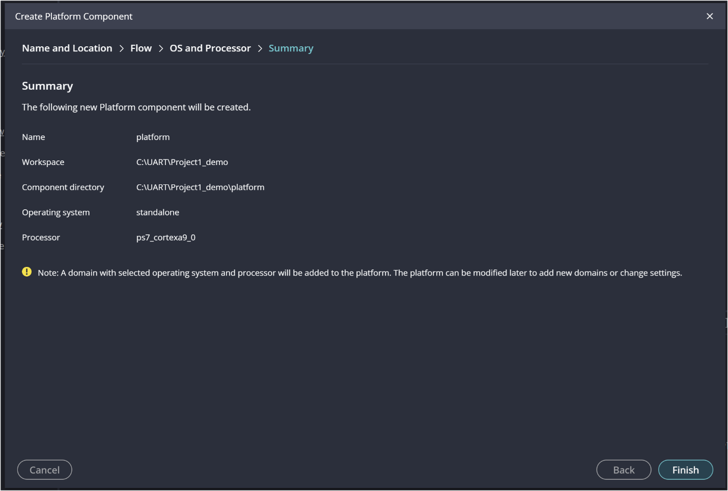Review and finish Platform Component creation in Vitis
