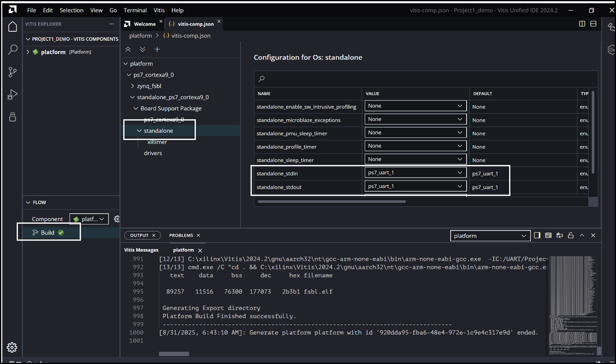 Vitis console output during platform build